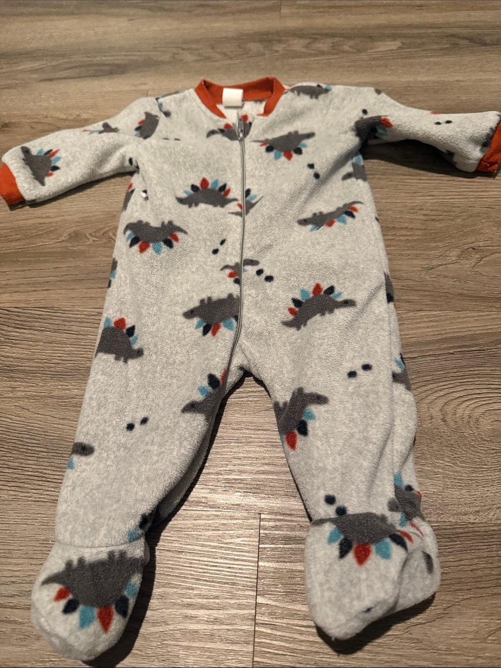 Grey Dino Fleece Footed One-Piece with Orange Trim